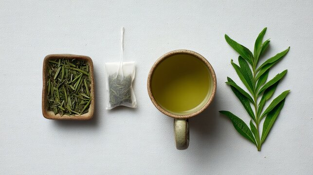 A steaming mug of green tea alongside loose leaves and a tea bag, illustrating a tranquil, calming, refreshing beverage concept
