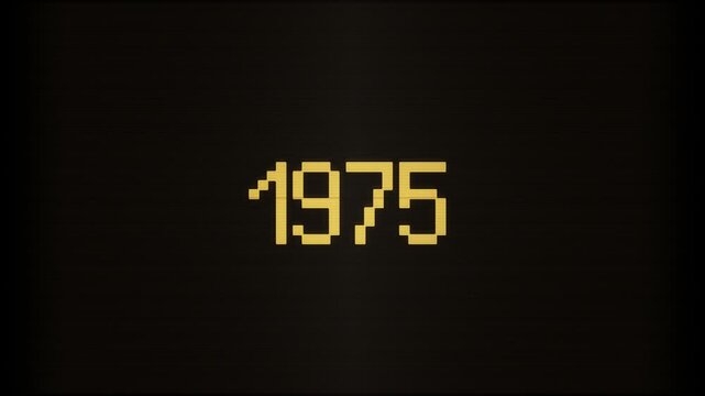 Digital amber numbers 1975 appear on a dark screen, simulating a personal computer display. Pixelated text with a blinking cursor evokes a retro computing aesthetic for vintage tech themes.
