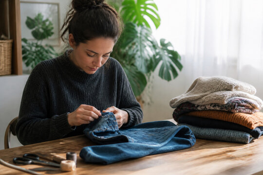 Woman Repairing Clothes for Circular Wardrobe