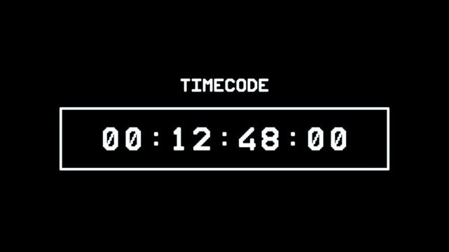 Collection of elements: retro VHS player interface with digital timecode, remaining time, timer activation, and frame hold indicators. White and orange pixel art elements on black.