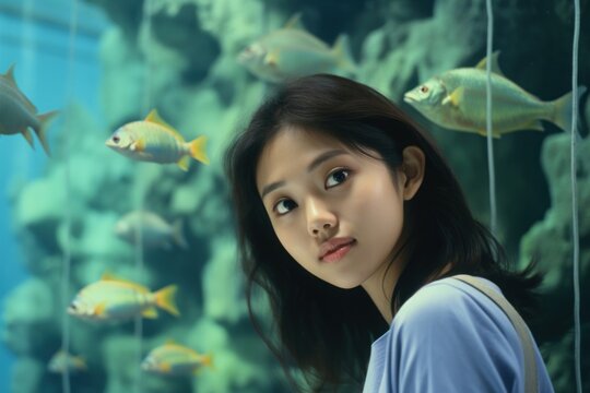 Thai girl portrait fish contemplation.