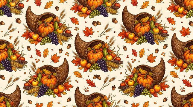 Seamless pattern with cornucopia filled with pumpkins, apples, grapes, wheat, and autumn leaves on a white background for thanksgiving harvest