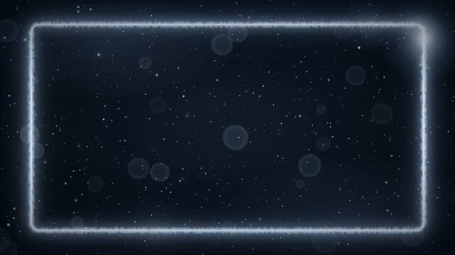 Glowing white frame with a light travelling around the border and floating bokeh particles