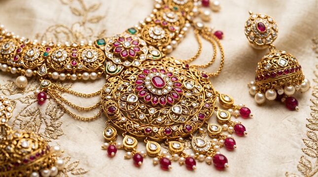 Luxury Pakistani Bridal Gold Jewellery Set - Kundan & Gemstones