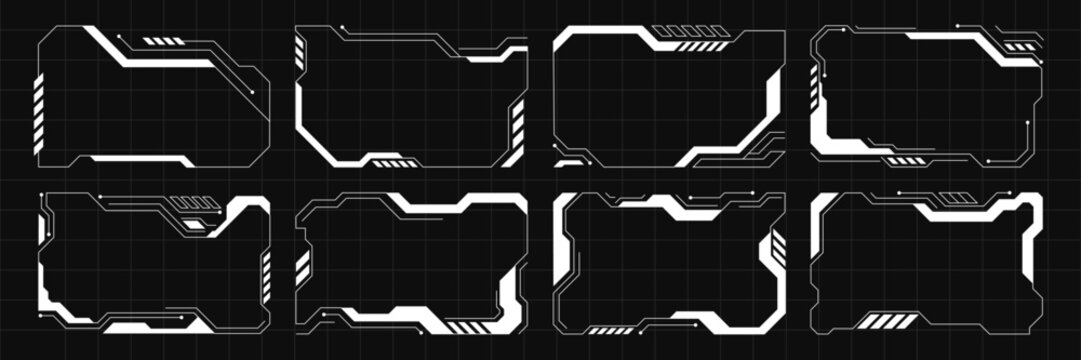 Futuristic HUD Text Box Frames Collection on Dark Grid Background