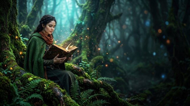 Forest Green Cloaked Reader Surrounded by Warm Orange Particles