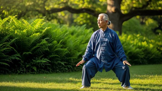 Senior Asian man performing Tai Chi movement in a green park. Older male practicing traditional martial arts outdoors in sunlight. Health and wellness concept