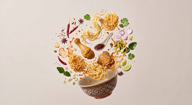 Floating Thai Khao Soi Curry Noodles Ingredients with Copy Space