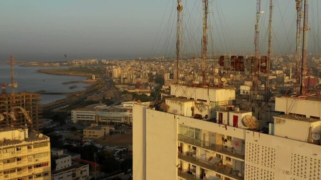 Aerial view densely packed overpopulated high rise buildings in large African city