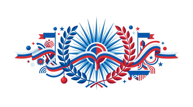 Patriotic Russian Emblem with Laurel Wreaths, Flags, and Sunburst