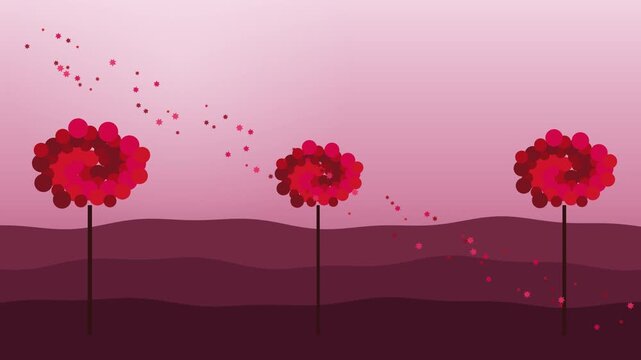 Abstract illustration of three stylized red trees in a dreamy pink landscape.