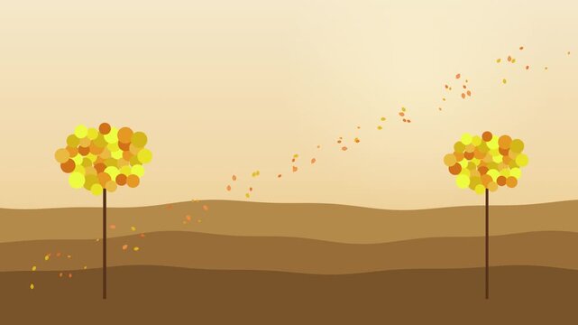 Minimalist illustration of two autumn trees with falling leaves on a brown background.