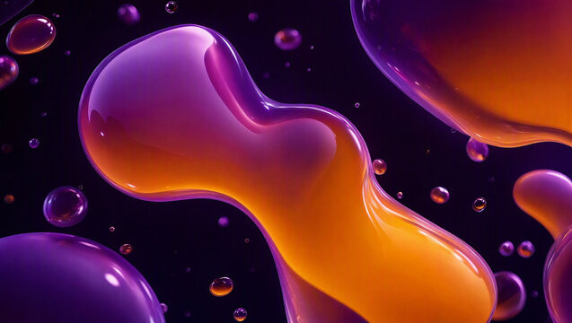 Close-up of abstract liquid blobs in purple and orange hues, resembling lava lamp effects with tiny bubbles floating around a dark background