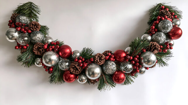 Christmas garland with red and silver ornaments isolated on white background