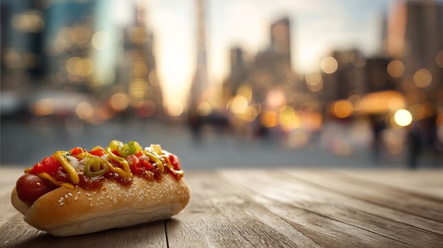 Delicious hotdog with vibrant toppings sits prominently against a blurred urban cityscape background, capturing a lively essence
