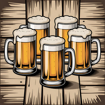 Four frothy beer mugs on wooden barrel table. Classic golden lager glasses filled with cold refreshing ale for celebration.