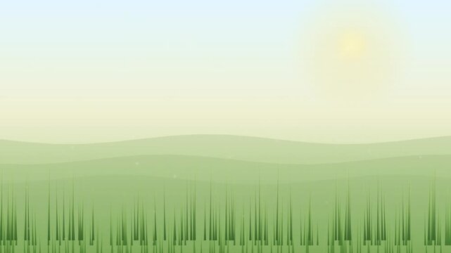 Abstract illustration of a green grassy landscape with a soft sun in the sky.
