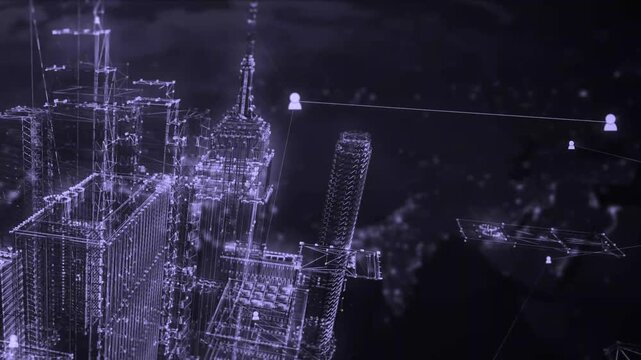 Digital city network grid vector animation with connected people icons