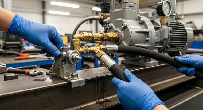 Hands in blue protective gloves working on intricate industrial equipment, connecting hoses and fittings to a motor and pump system in a workshop.