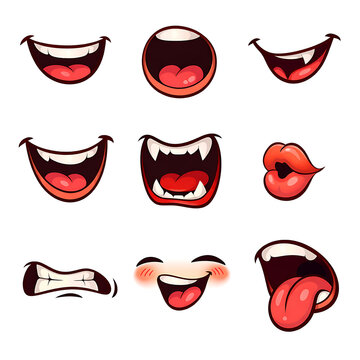 Halloween vampire mouth icons set with sharp fangs and blood. Spooky cartoon lips collection for horror-themed designs and party decor.