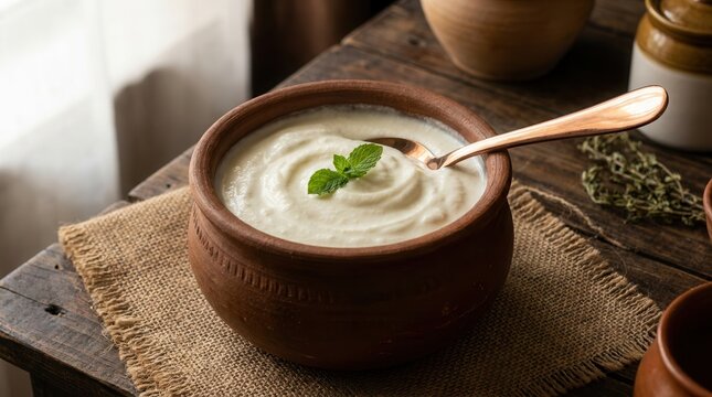 Homemade Indian dahi dessert served in a traditional brown clay pot with a copper spoon.