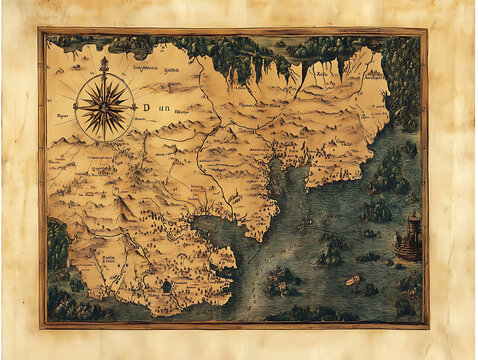 Vintage fantasy world map with compass rose and sea.