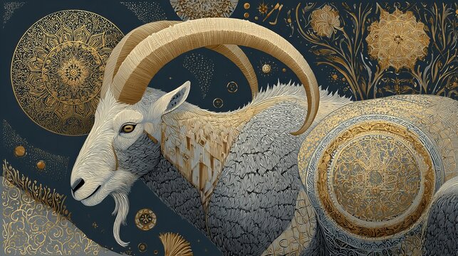Majestic ram gracefully poses amidst intricate patterns, symbolizing strength, resilience, and a celestial zodiac concept