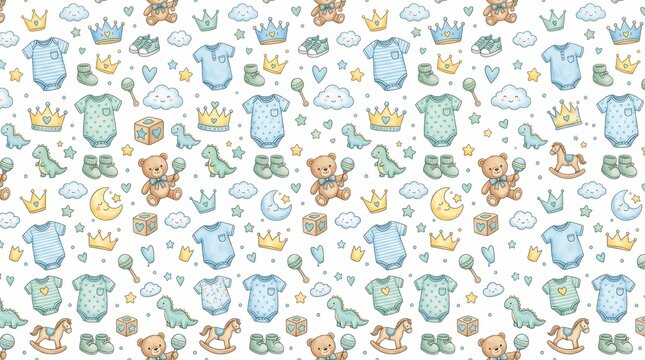 Cute cartoon baby boy seamless pattern, watercolor prince theme with teddy bears, crowns, and dinosaur toys, nostalgic shabby paper texture for nursery wall decor