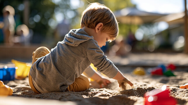 Rear view of a toddler playing joyfully while digging in a bright sandbox with toys faceless composition toddler sandbox play digging joyful childhood outdoor play sand