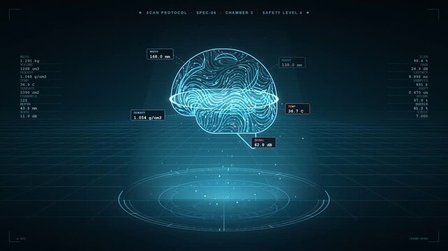 Holographic brain rotating above a scanner platform with medical data readouts