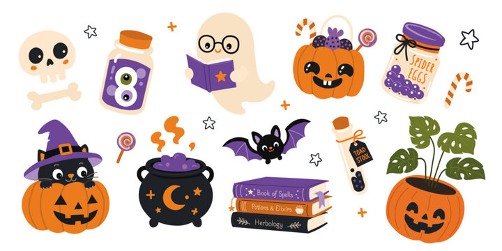 Halloween clip art set. Black cat in witch hat, ghost, pumpkins, cauldron, magic books, potions, bat, skull. Happy Halloween vector collection perfect for seasonal cards spooky designs.