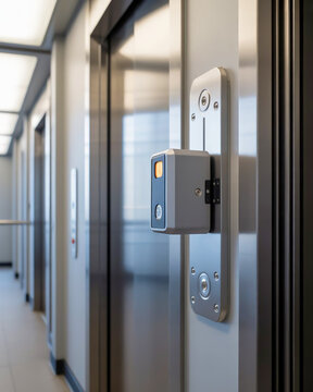 Photorealistic close up shot of a modern elevator cabin interior featuring brushed metal walls and an illuminated call button indicator