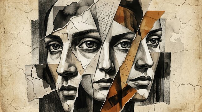 Abstract faces collage with a dramatic black and white background and wallpaper illustration.