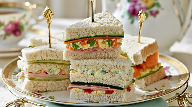 Classic British afternoon tea arrangement with assorted finger sandwiches served on a tiered stand, perfect for a traditional meal