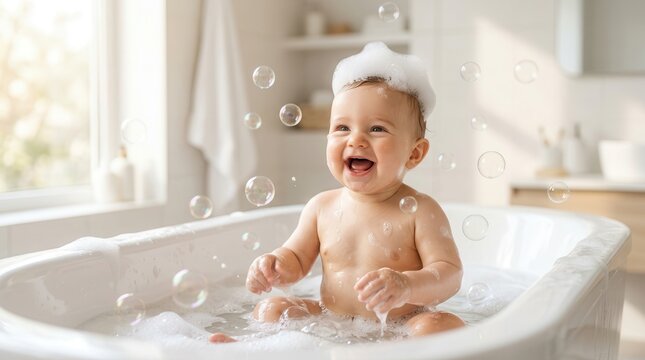 A happy baby laughing during a playful bath time in a white tub.
