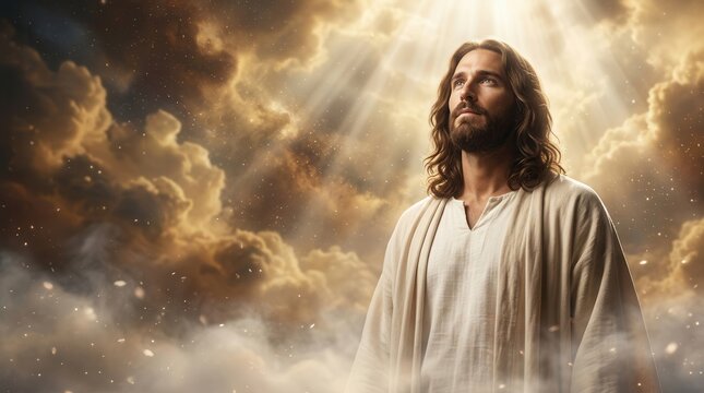 Jesus Christ, the Savior of mankind, looking up toward heaven with copy space.