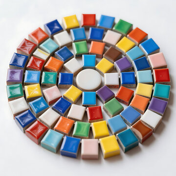 Colorful mosaic coaster with vibrant geometric tiles. Handcrafted decorative trivet featuring multicolored ceramic squares and circles.