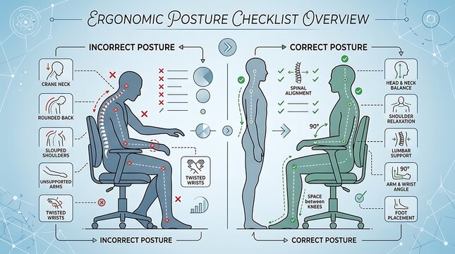 Ergonomic posture infographic showing correct and incorrect positions