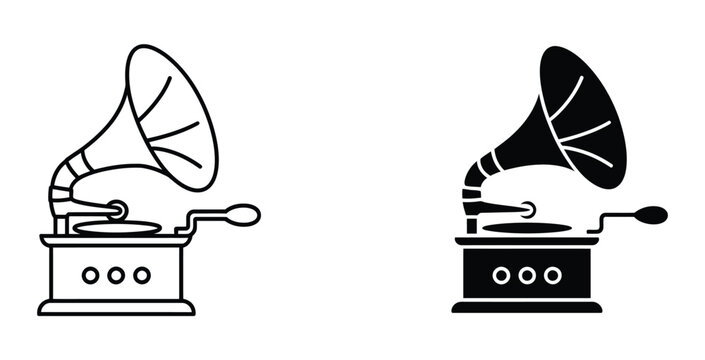 Vintage Gramophone Icons, antique music player symbols in outline and solid black flat vector styles for retro audio, history, and design