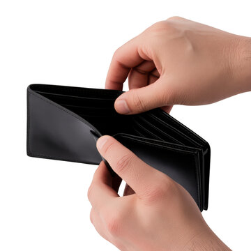 Empty black leather wallet held in hands isolated on transparent background