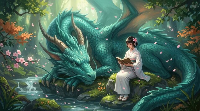 A Japanese girl sitting in a forest with a dragon in a fairytale painting illustration style.