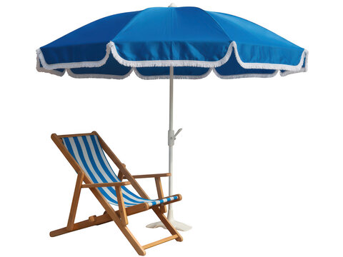 Blue beach umbrella and striped deck chair isolated on transparent background