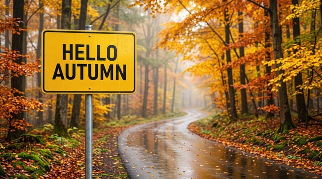 Hello Autumn sign beside a winding forest road surrounded by colorful fall foliage, warm golden sunlight and a peaceful countryside landscape, celebrating the autumn season