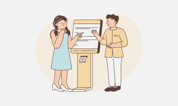 Woman Interacting with Kiosk for Customer Service Illustration