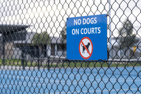 "NO DOGS ON COURTS" warning sign attached to a fence enclosing an outdoor sports court in Melbourne, Victoria, Australia. Community recreational facility rules bar pet dogs from recreational courts