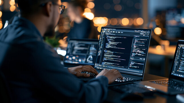 Over the shoulder view of a skilled coder and prompt engineer developing an automated large language model through artificial intelligence software development in a bright office