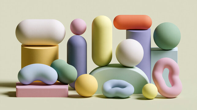 Abstract 3D Geometric Composition With Colorful Pastel Shapes And Blocks