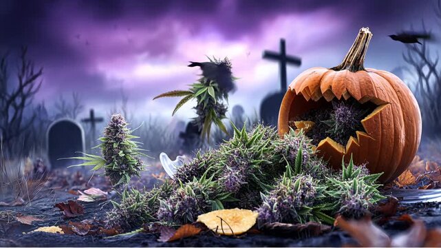 Halloween scene with pumpkin and cannabis plants near gravestones in a dark setting