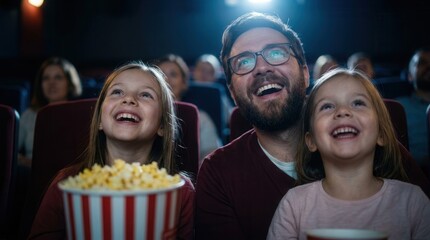 Fototapeta premium A young father and his daughters smiling while watching an exciting film at the cinema.