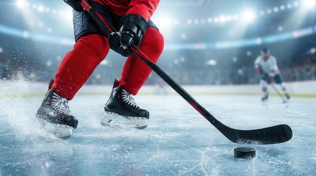 A hockey player skating with a stick and puck in a professional ice arena rink stadium.
